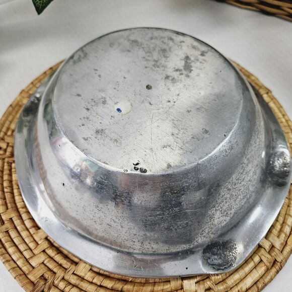 Vtg Pewter Fruit Bowl Raised Grapevine Rope Basket Weave Rim Heavy Catch All - Picture 6 of 11